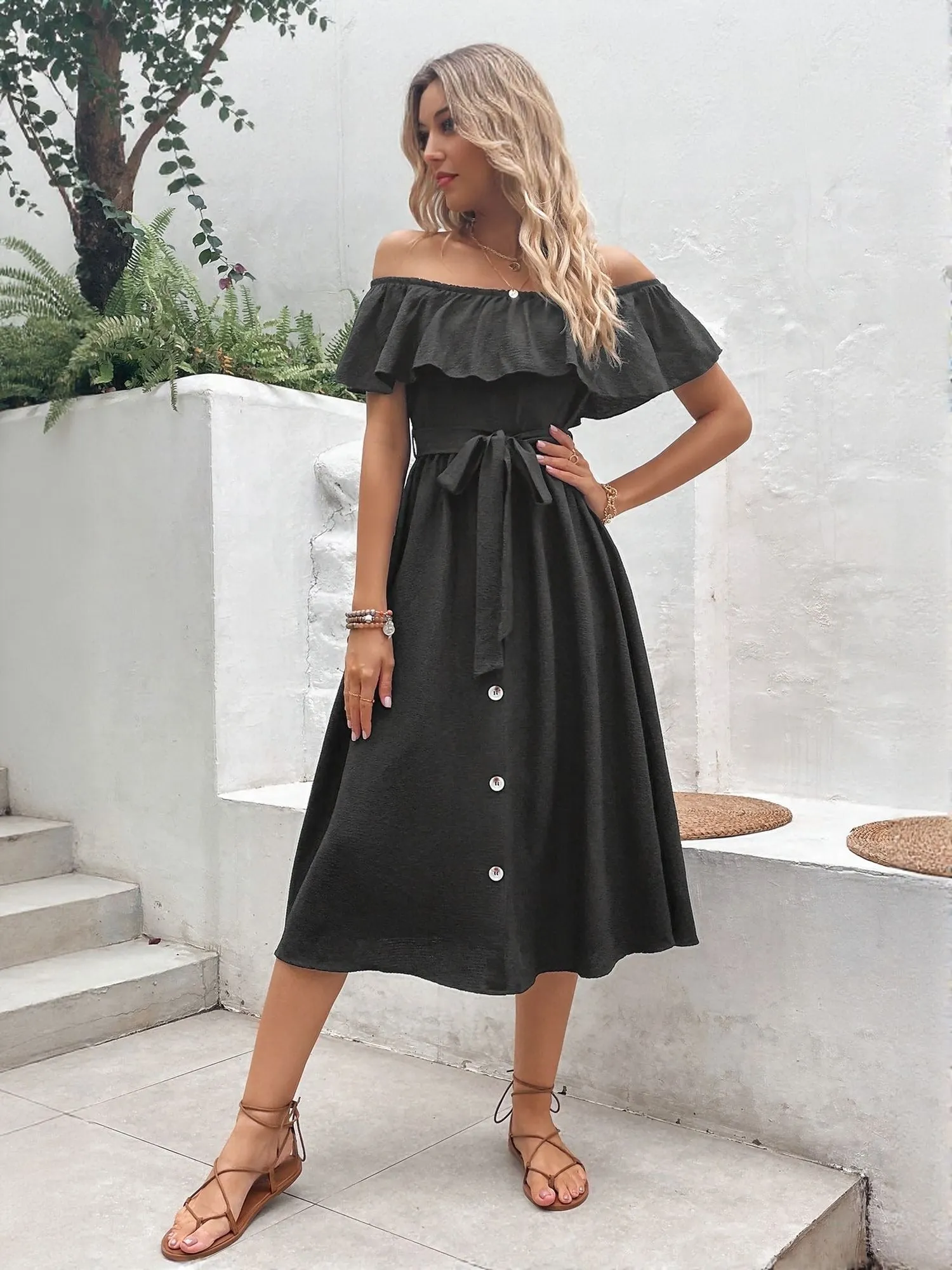 Black Off Shoulder Front Button Down Flared Dress