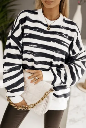 Black Oversized Striped Bishop Sleeve Pullover Sweatshirt