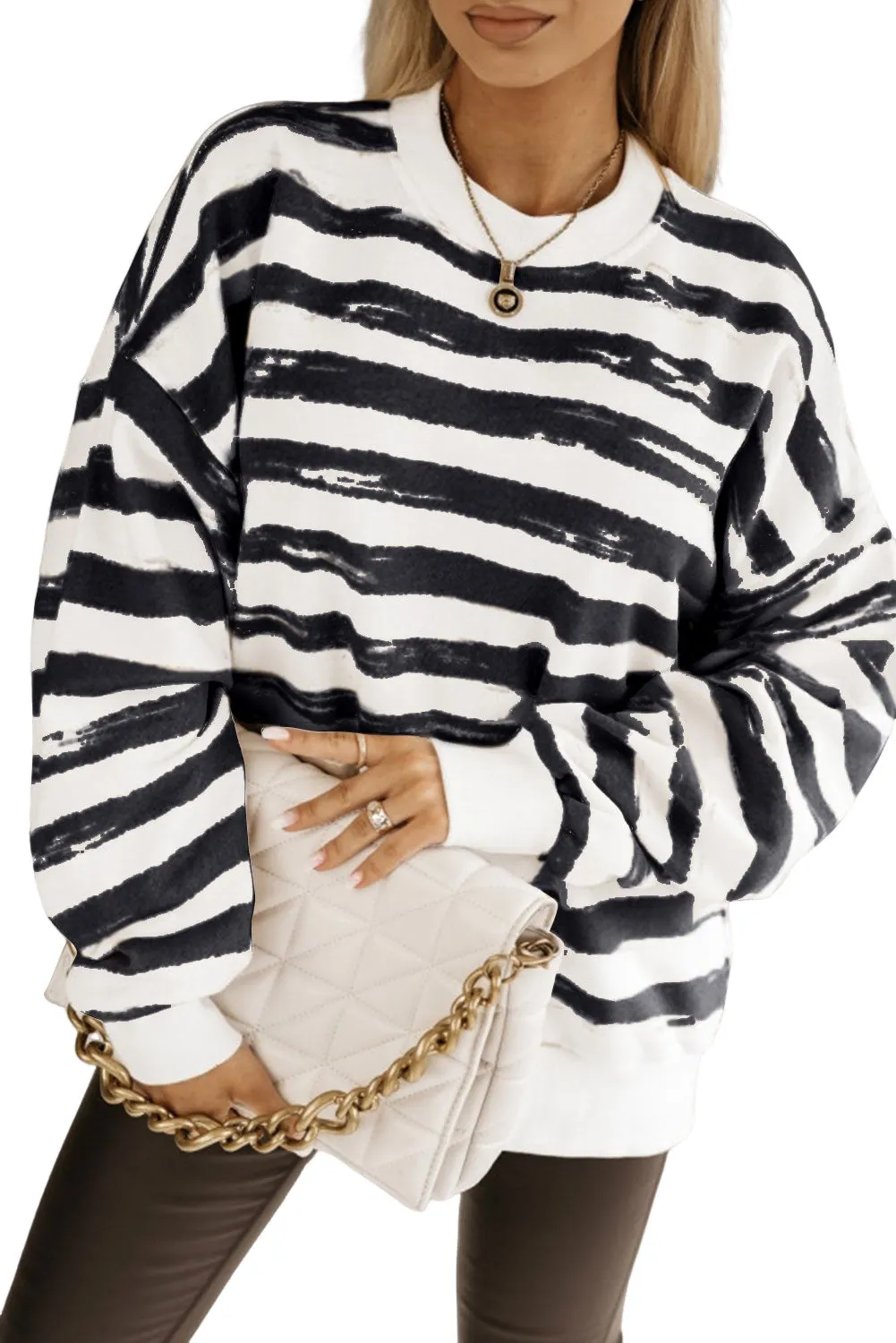 Black Oversized Striped Bishop Sleeve Pullover Sweatshirt