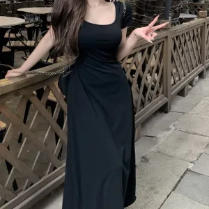 Black Wide Neck Sinched Waist Maxi Dress