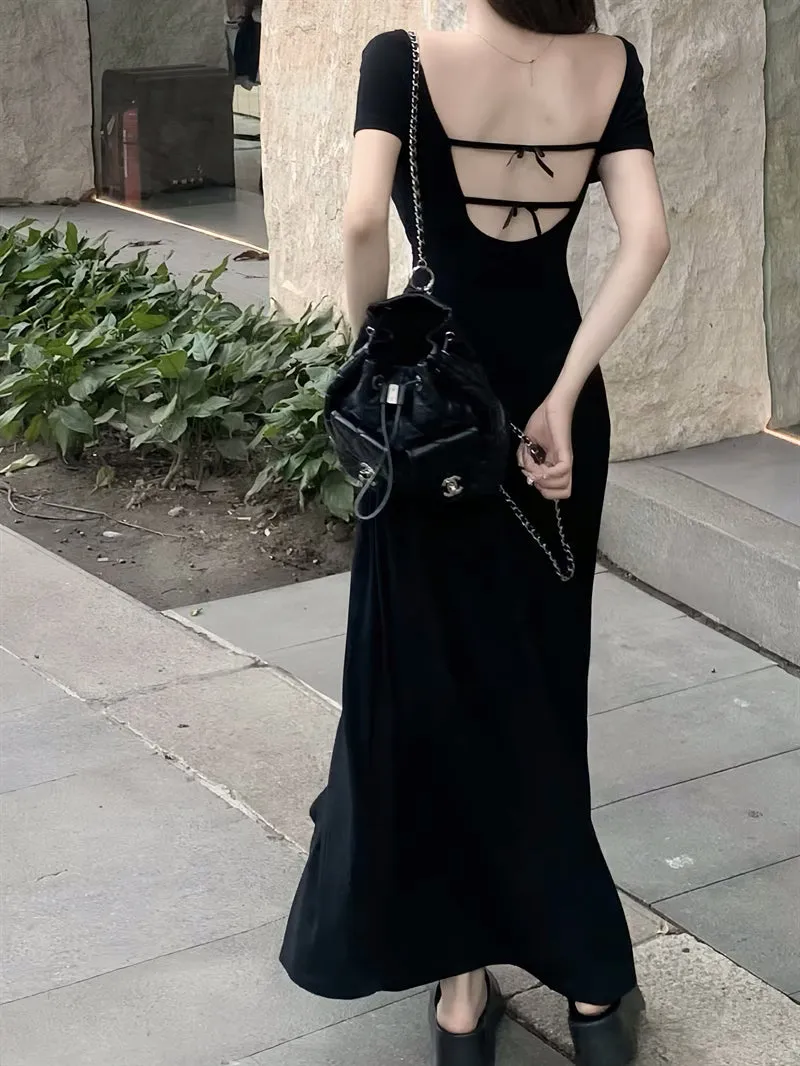 Black Wide Neck Sinched Waist Maxi Dress