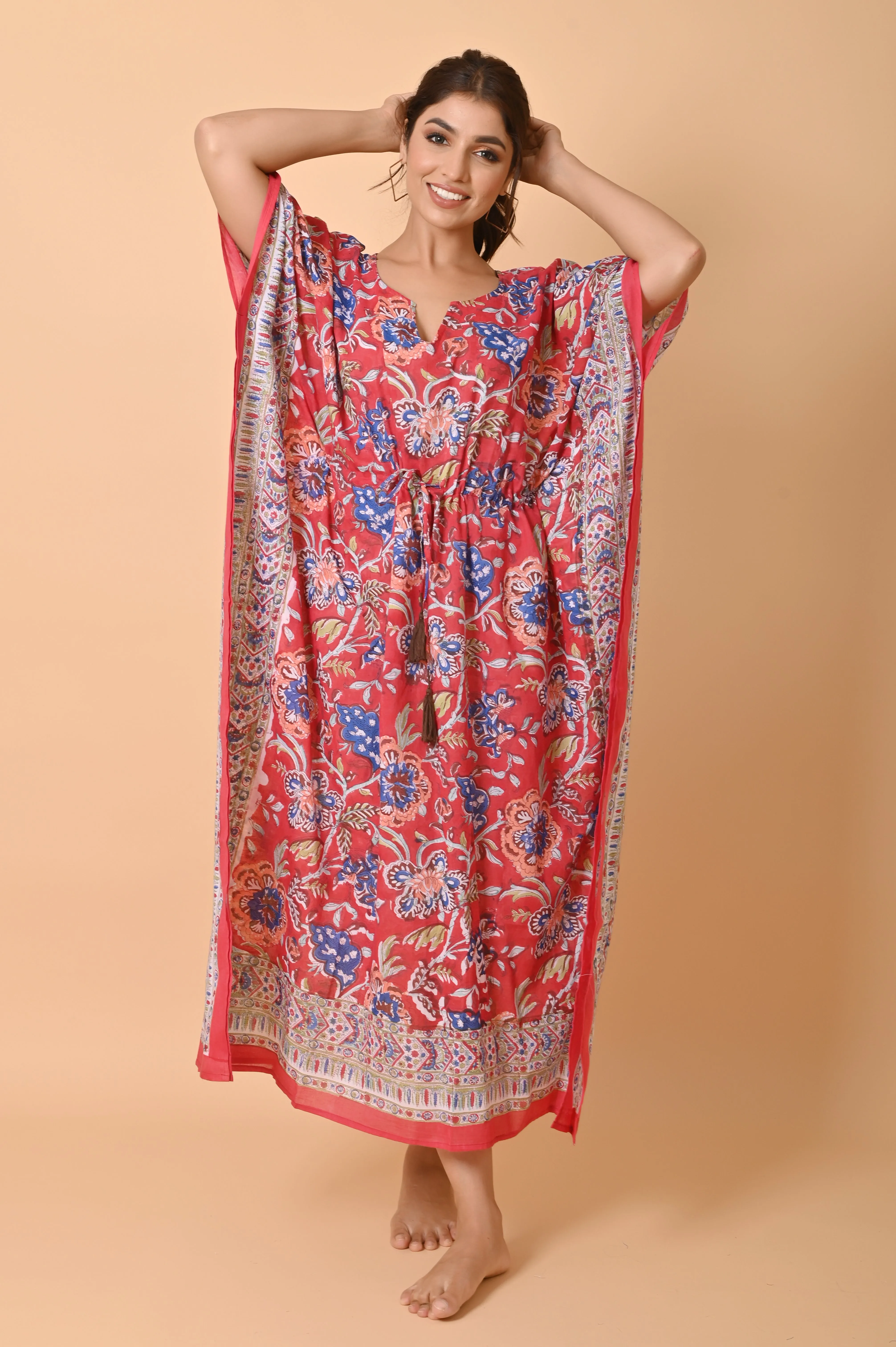 Block Print Cotton Long Bohemian Kaftan Dress