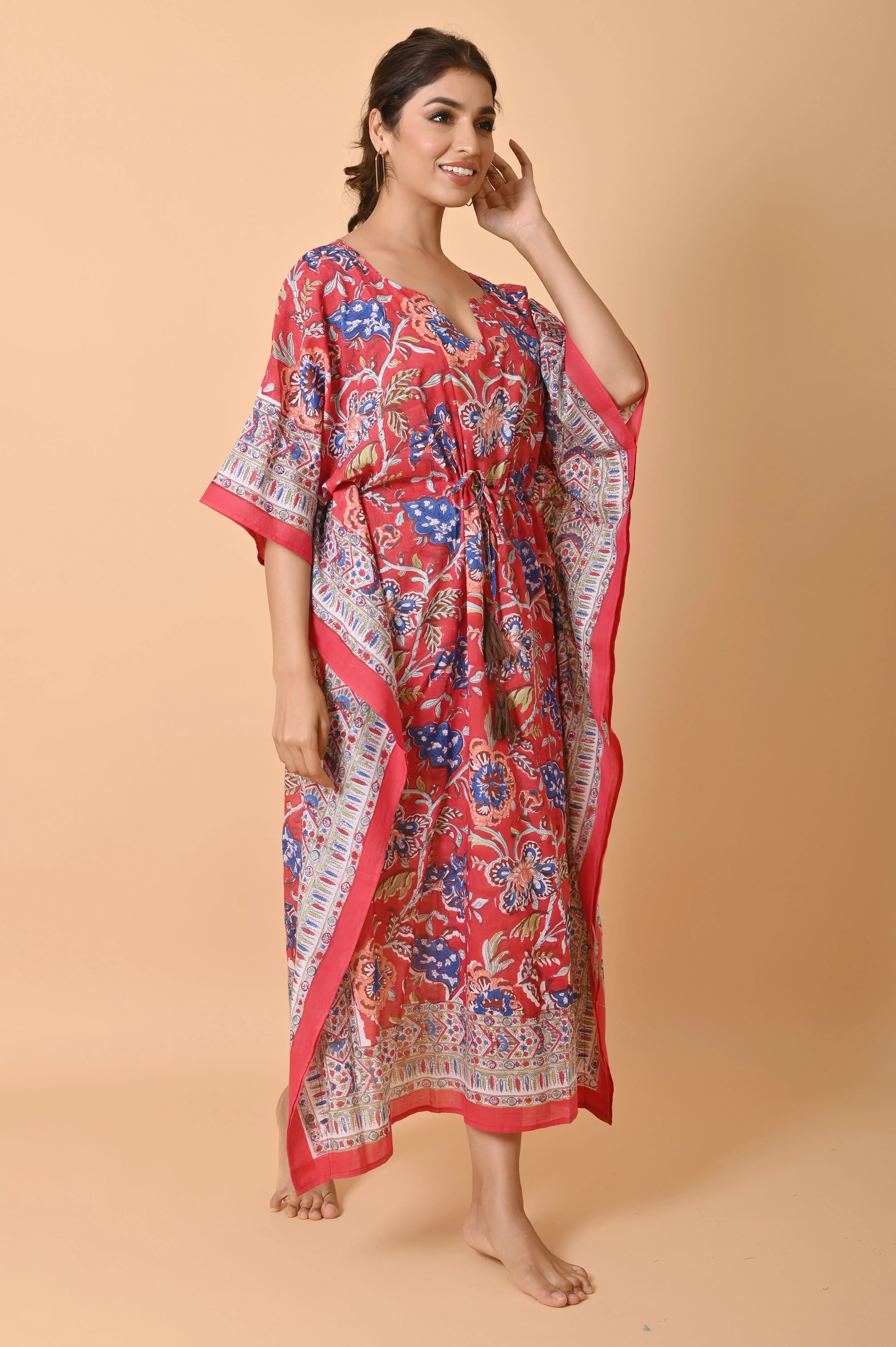 Block Print Cotton Long Bohemian Kaftan Dress