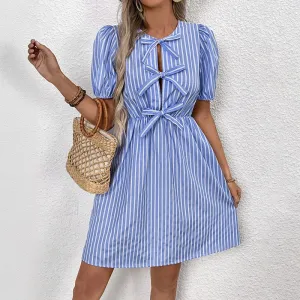 Blue And White Striped A-Line Dress With Puff Sleeve And Bows At Front