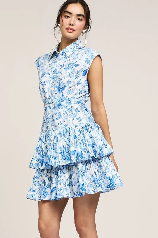 Blue Floral Printed Button Down Mini Dress