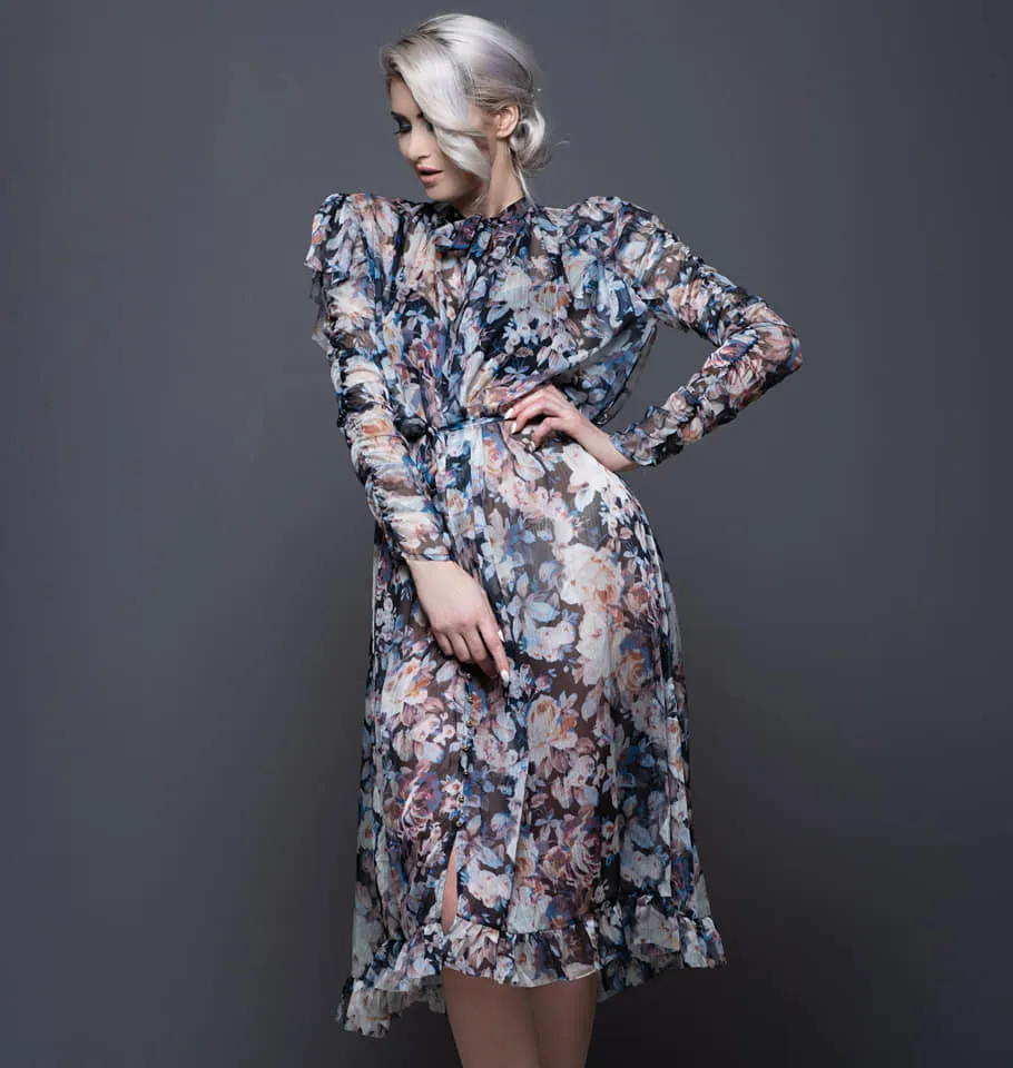 BLUE FLOWER FLOWY DRESS WITH A STATEMENT SLEEVES