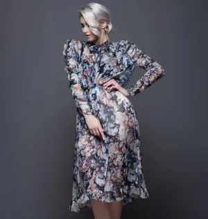 BLUE FLOWER FLOWY DRESS WITH A STATEMENT SLEEVES