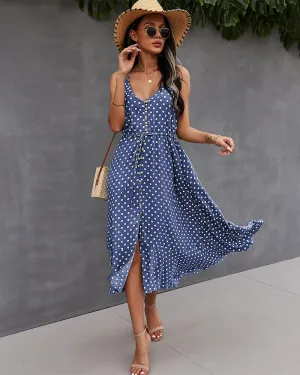 Blue Front Buttoned Midi A-Line Dress