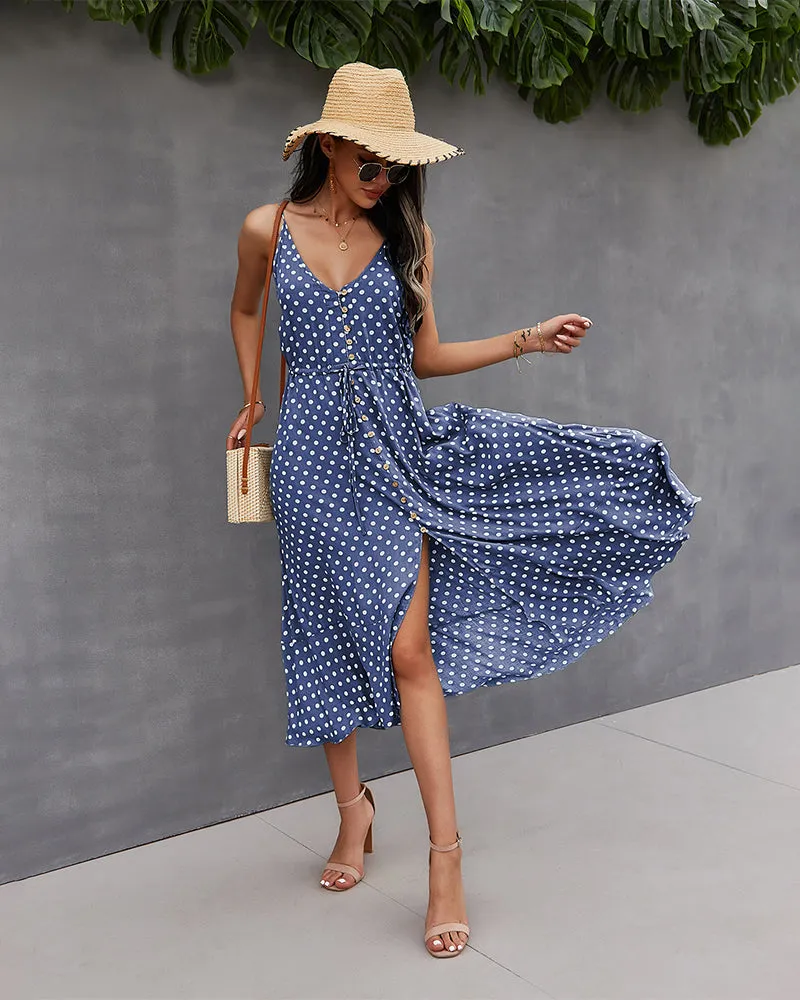 Blue Front Buttoned Midi A-Line Dress