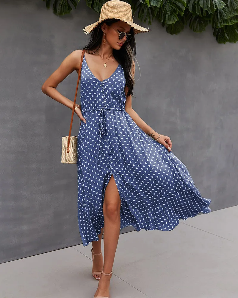 Blue Front Buttoned Midi A-Line Dress