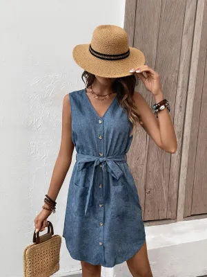 Blue Front Buttoned Shirt Dress