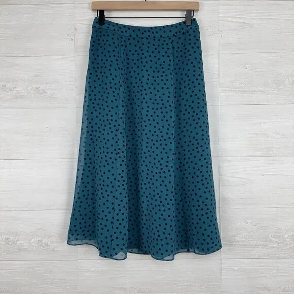 Boden Serena Midi Skirt US 4P Green Polka Dot Chiffon Flare A Line Flowy NWT
