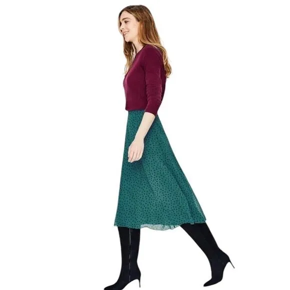 Boden Serena Midi Skirt US 4P Green Polka Dot Chiffon Flare A Line Flowy NWT