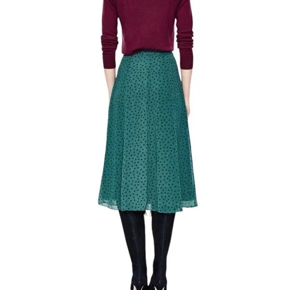 Boden Serena Midi Skirt US 4P Green Polka Dot Chiffon Flare A Line Flowy NWT