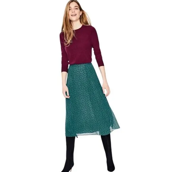 Boden Serena Midi Skirt US 4P Green Polka Dot Chiffon Flare A Line Flowy NWT