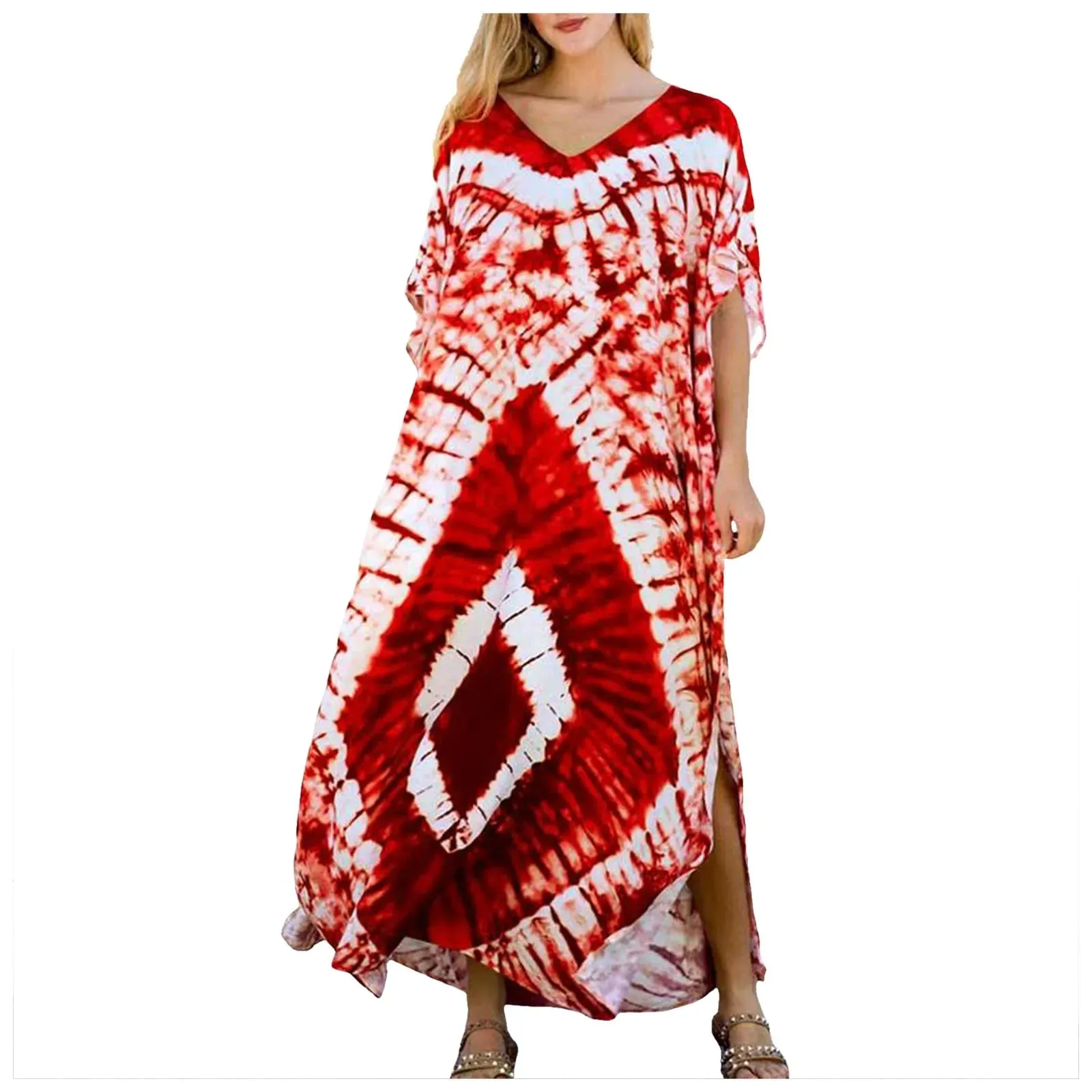 Bohemian Maxi Dresses Summer Kaftan Loose Fit Robe V-Neck Batwing Sleeve Loose Dress For Women 2025 Beach Cover Up Dresses
