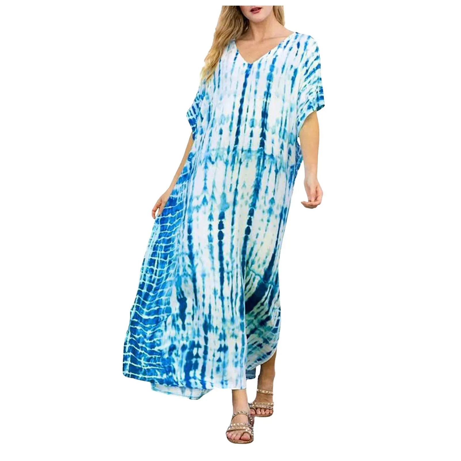 Bohemian Maxi Dresses Summer Kaftan Loose Fit Robe V-Neck Batwing Sleeve Loose Dress For Women 2025 Beach Cover Up Dresses