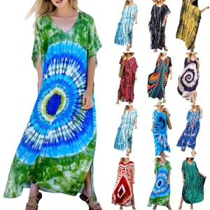 Bohemian Maxi Dresses Summer Kaftan Loose Fit Robe V-Neck Batwing Sleeve Loose Dress For Women 2025 Beach Cover Up Dresses