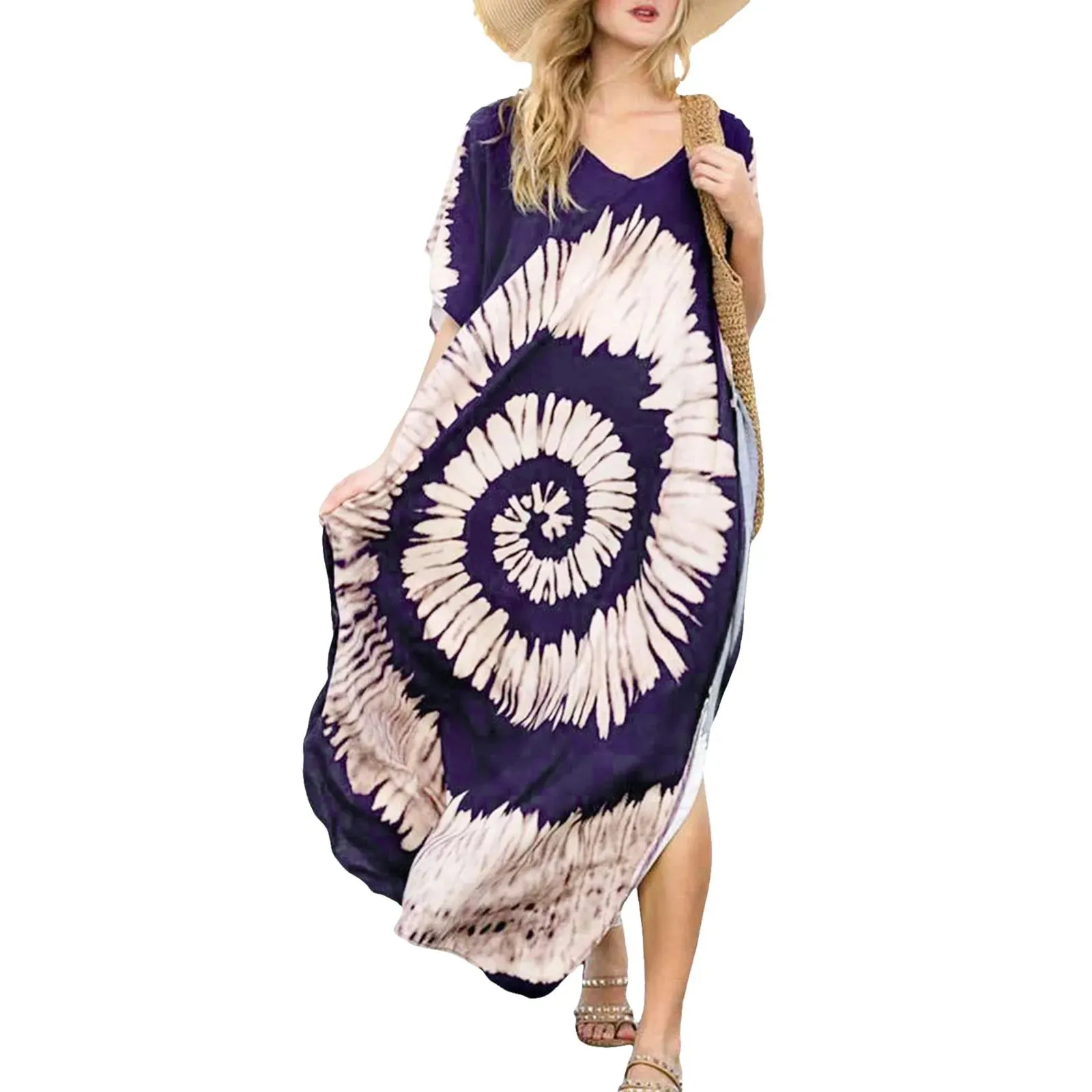 Bohemian Maxi Dresses Summer Kaftan Loose Fit Robe V-Neck Batwing Sleeve Loose Dress For Women 2025 Beach Cover Up Dresses