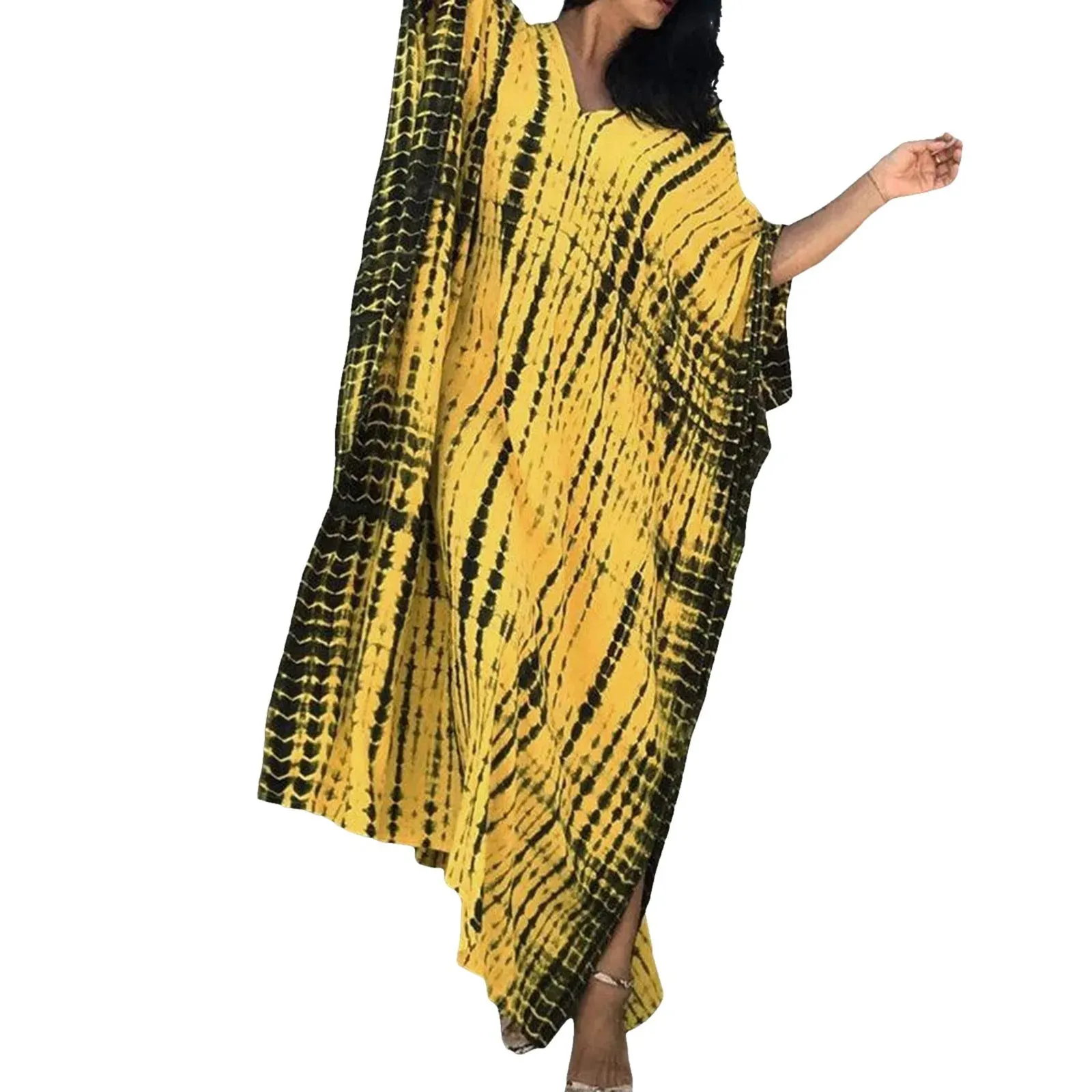 Bohemian Maxi Dresses Summer Kaftan Loose Fit Robe V-Neck Batwing Sleeve Loose Dress For Women 2025 Beach Cover Up Dresses