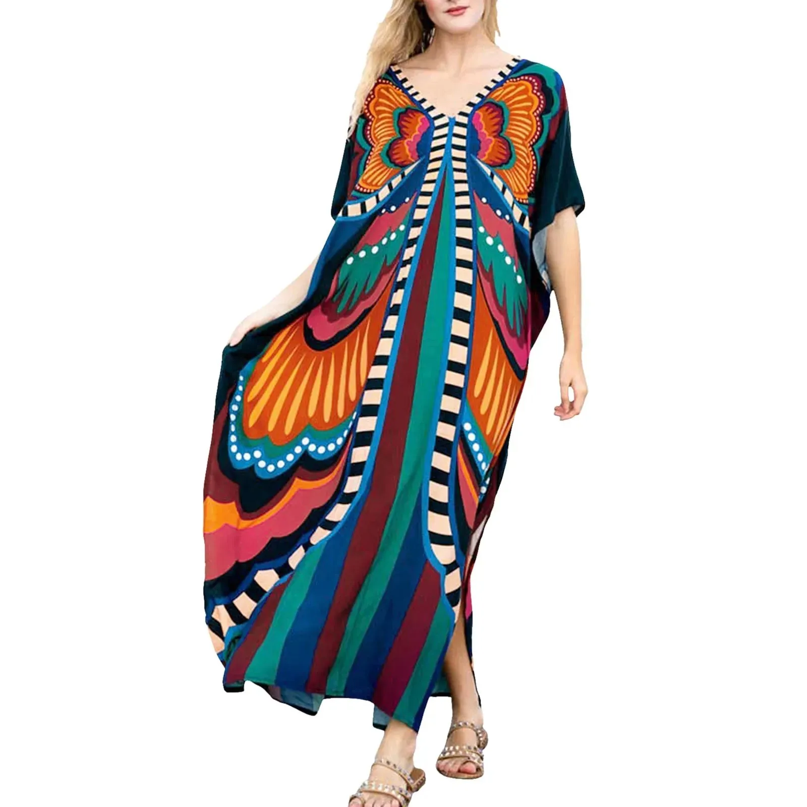 Bohemian Maxi Dresses Summer Kaftan Loose Fit Robe V-Neck Batwing Sleeve Loose Dress For Women 2025 Beach Cover Up Dresses