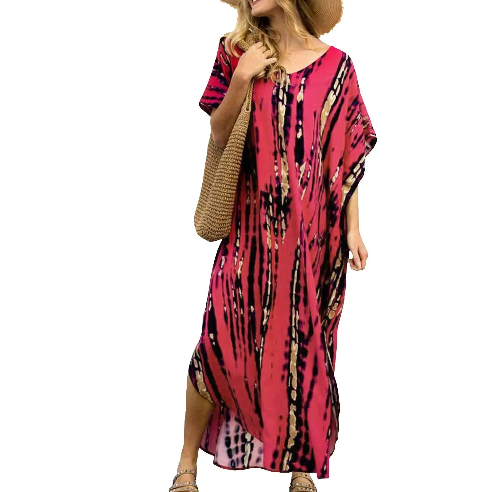 Bohemian Maxi Dresses Summer Kaftan Loose Fit Robe V-Neck Batwing Sleeve Loose Dress For Women 2025 Beach Cover Up Dresses