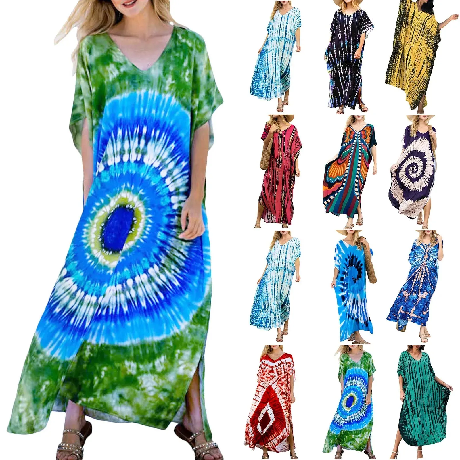 Bohemian Maxi Dresses Summer Kaftan Loose Fit Robe V-Neck Batwing Sleeve Loose Dress For Women 2025 Beach Cover Up Dresses