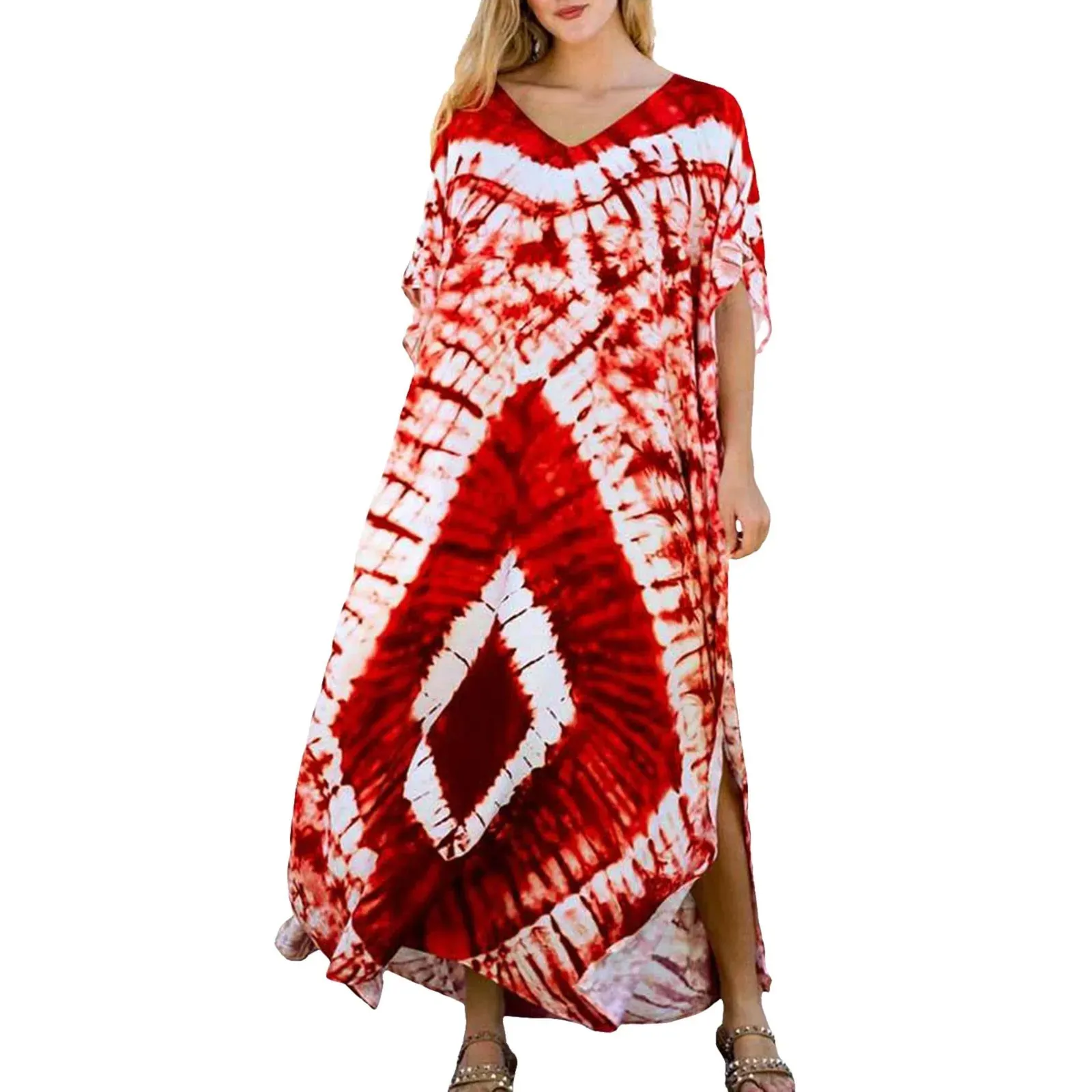 Bohemian Maxi Dresses Summer Kaftan Loose Fit Robe V-Neck Batwing Sleeve Loose Dress For Women 2025 Beach Cover Up Dresses