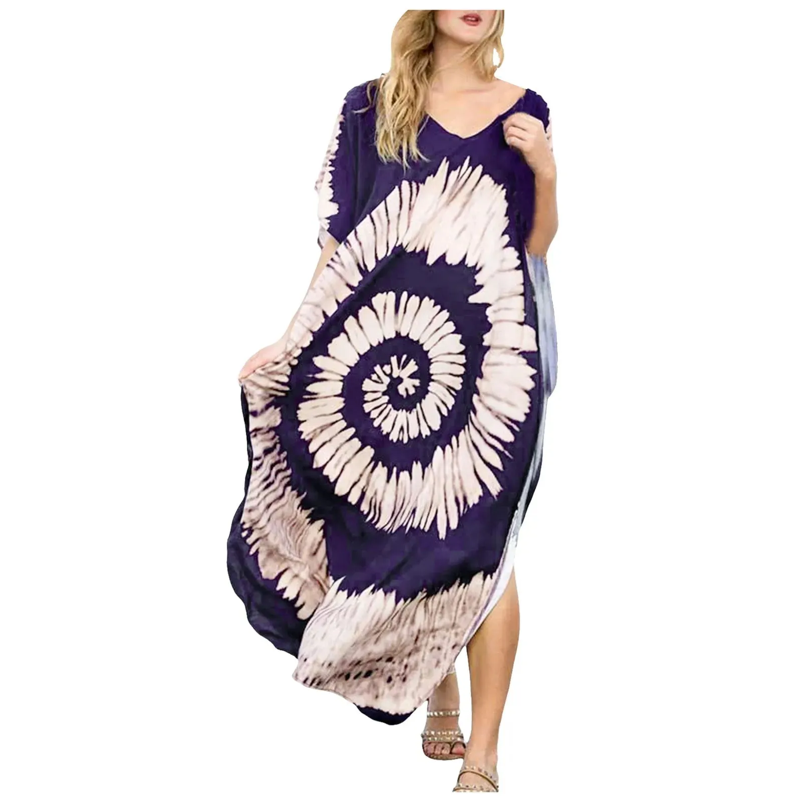Bohemian Maxi Dresses Summer Kaftan Loose Fit Robe V-Neck Batwing Sleeve Loose Dress For Women 2025 Beach Cover Up Dresses