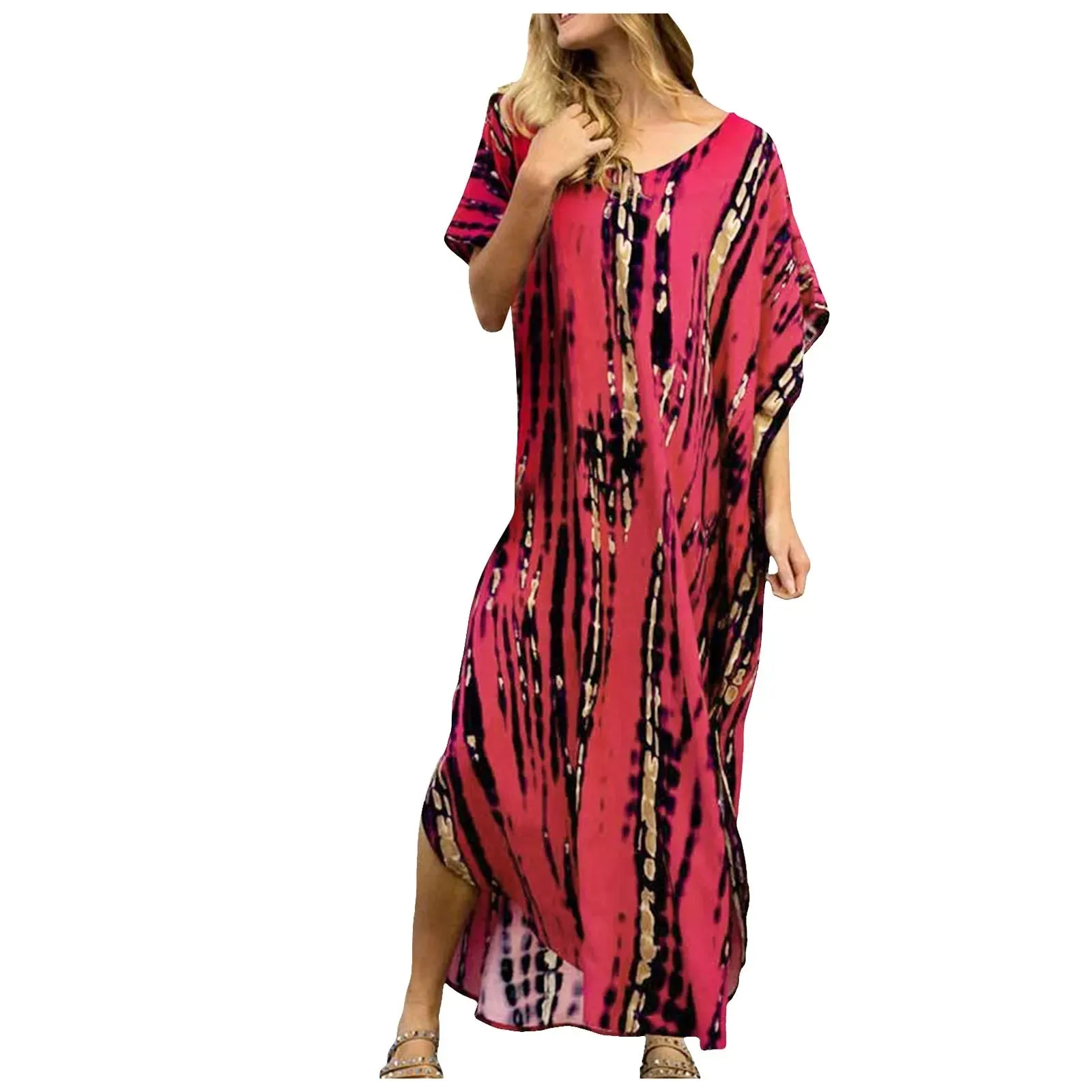 Bohemian Maxi Dresses Summer Kaftan Loose Fit Robe V-Neck Batwing Sleeve Loose Dress For Women 2025 Beach Cover Up Dresses