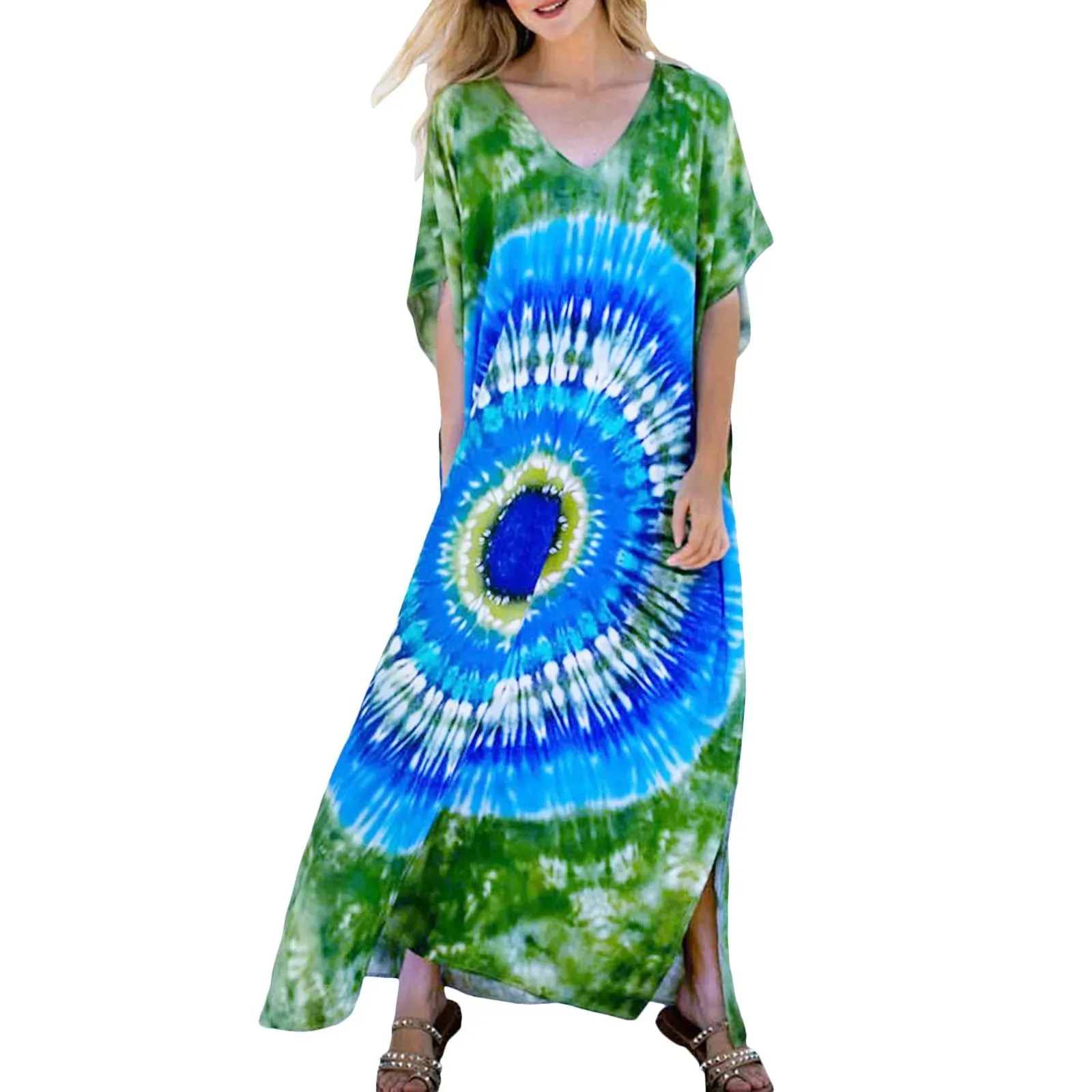 Bohemian Maxi Dresses Summer Kaftan Loose Fit Robe V-Neck Batwing Sleeve Loose Dress For Women 2025 Beach Cover Up Dresses