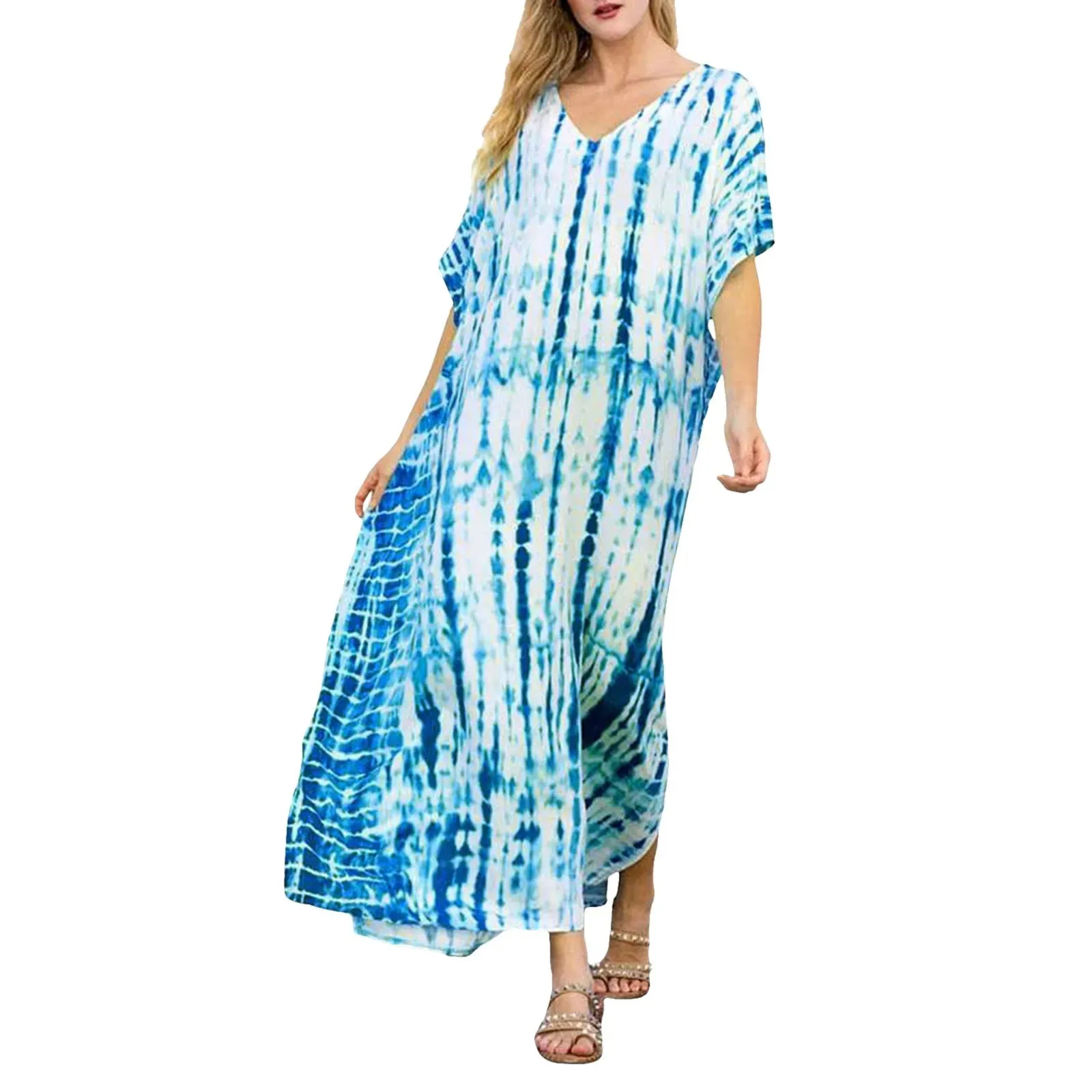 Bohemian Maxi Dresses Summer Kaftan Loose Fit Robe V-Neck Batwing Sleeve Loose Dress For Women 2025 Beach Cover Up Dresses