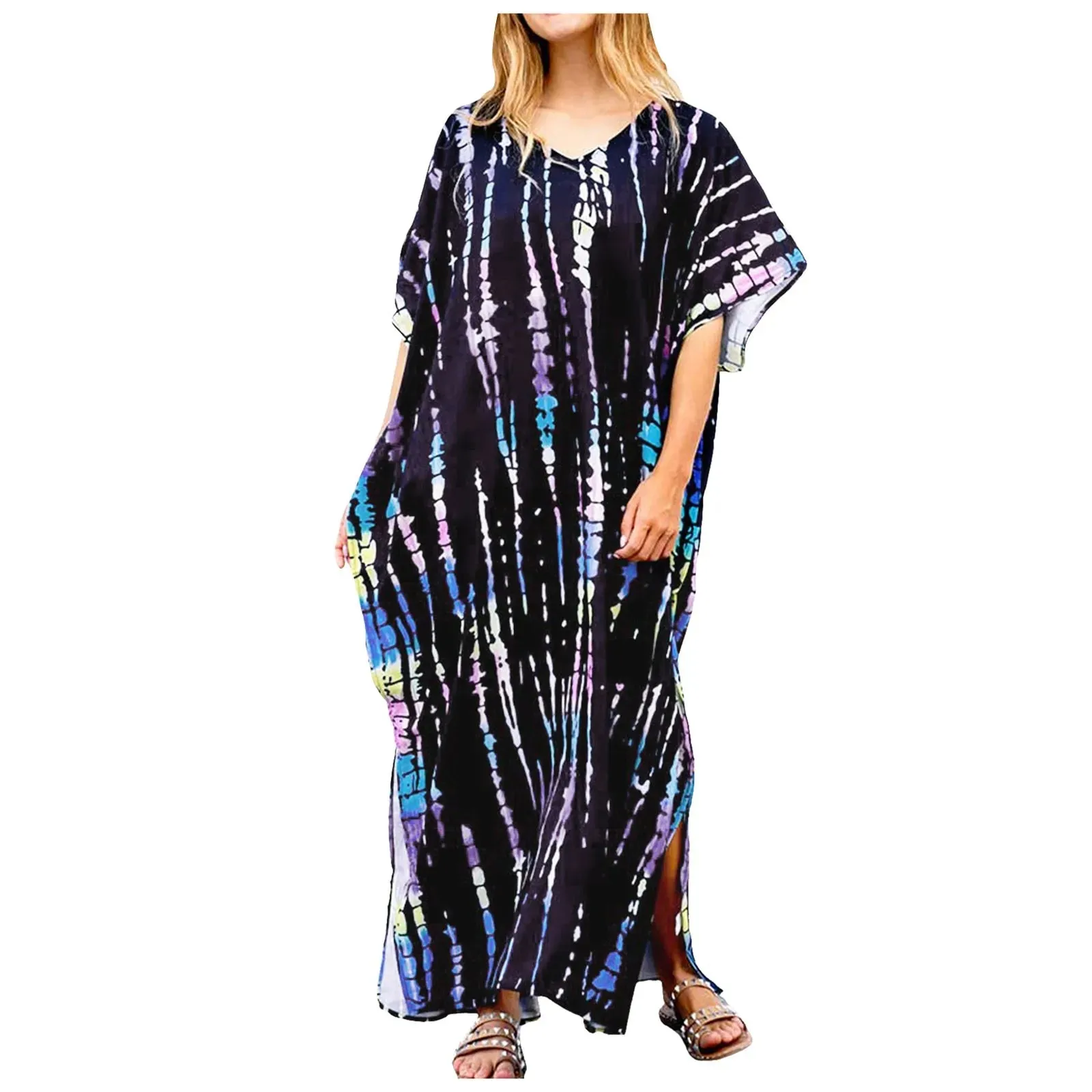 Bohemian Maxi Dresses Summer Kaftan Loose Fit Robe V-Neck Batwing Sleeve Loose Dress For Women 2025 Beach Cover Up Dresses