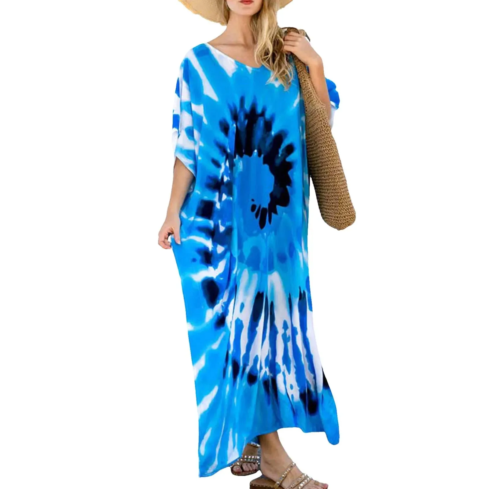 Bohemian Maxi Dresses Summer Kaftan Loose Fit Robe V-Neck Batwing Sleeve Loose Dress For Women 2025 Beach Cover Up Dresses