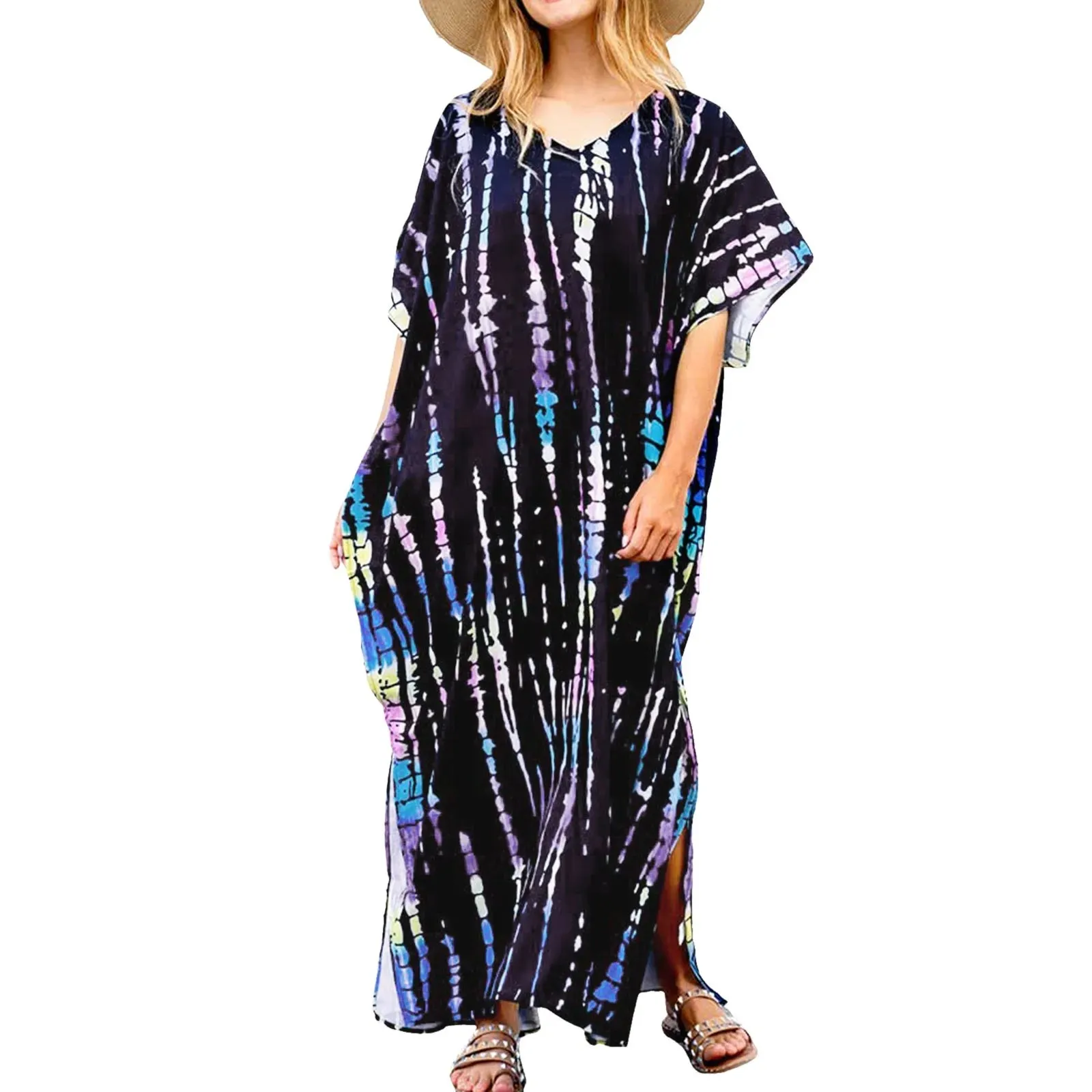 Bohemian Maxi Dresses Summer Kaftan Loose Fit Robe V-Neck Batwing Sleeve Loose Dress For Women 2025 Beach Cover Up Dresses