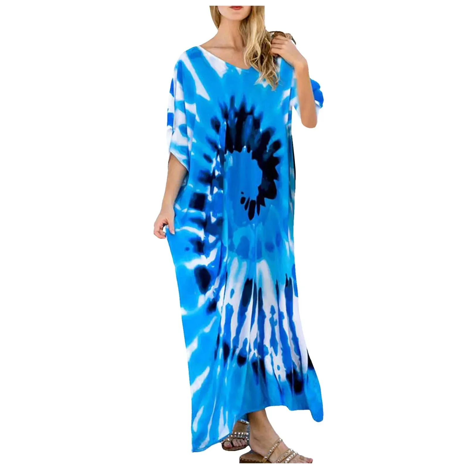 Bohemian Maxi Dresses Summer Kaftan Loose Fit Robe V-Neck Batwing Sleeve Loose Dress For Women 2025 Beach Cover Up Dresses