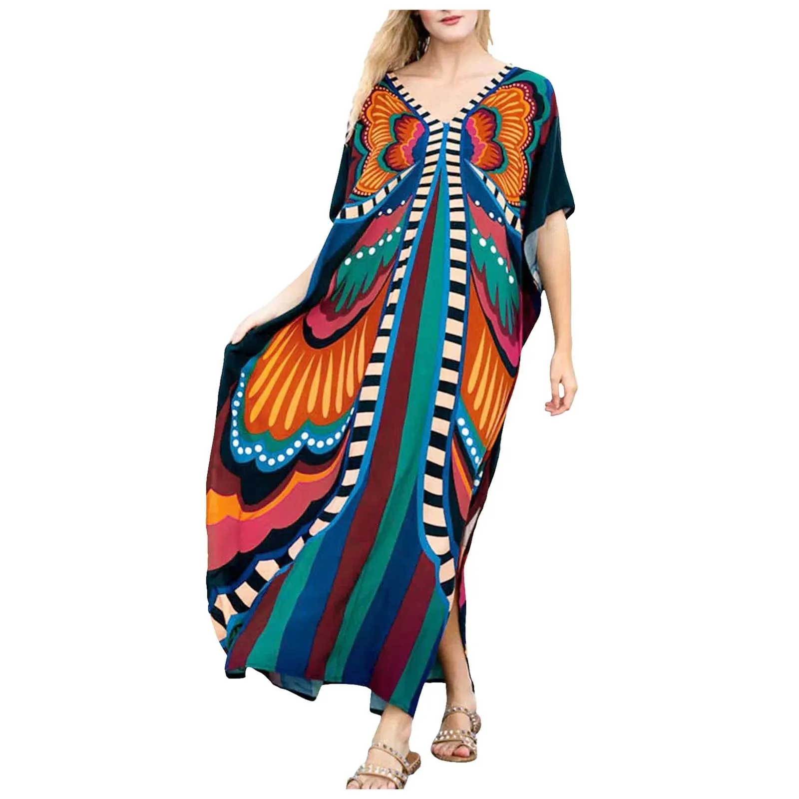 Bohemian Maxi Dresses Summer Kaftan Loose Fit Robe V-Neck Batwing Sleeve Loose Dress For Women 2025 Beach Cover Up Dresses