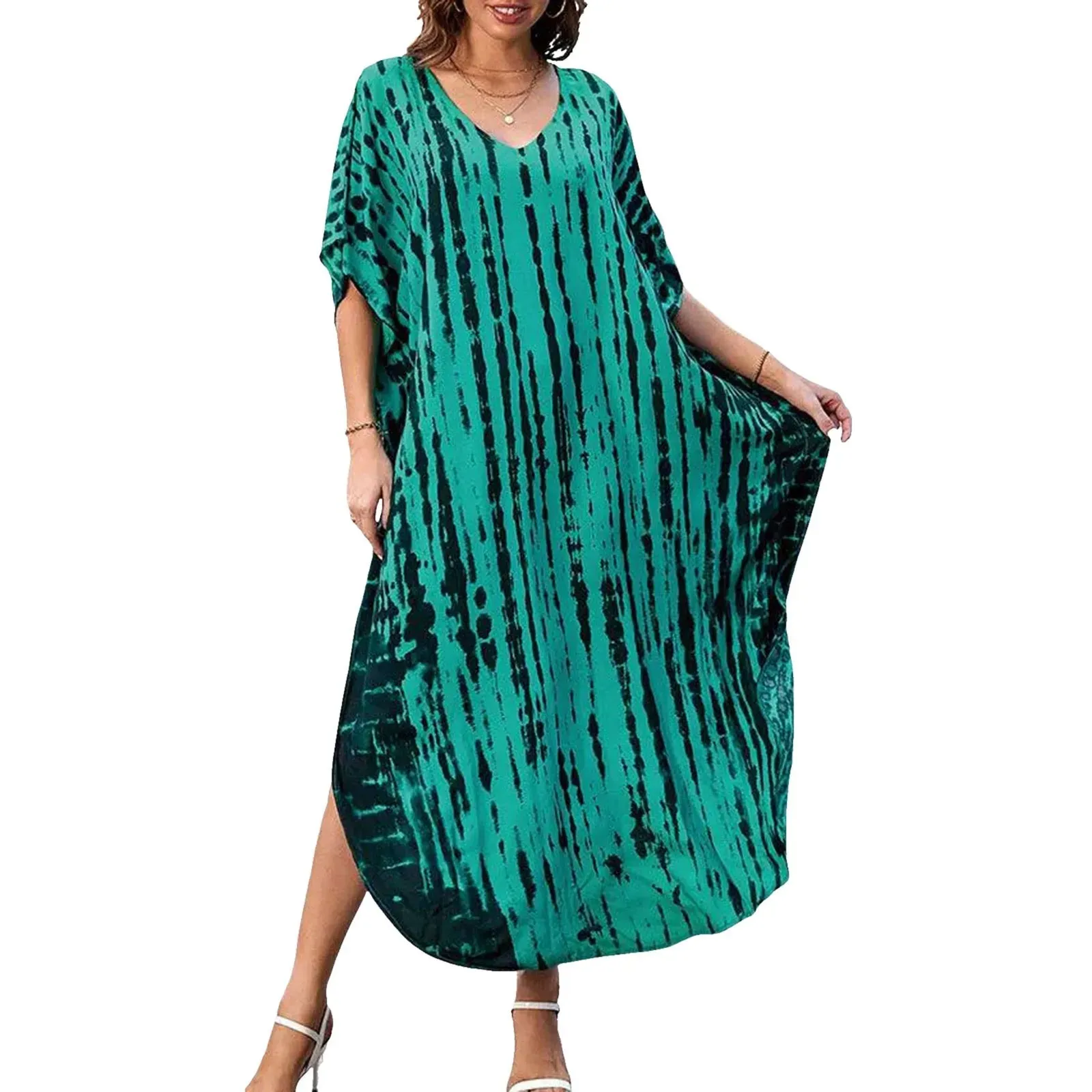 Bohemian Maxi Dresses Summer Kaftan Loose Fit Robe V-Neck Batwing Sleeve Loose Dress For Women 2025 Beach Cover Up Dresses