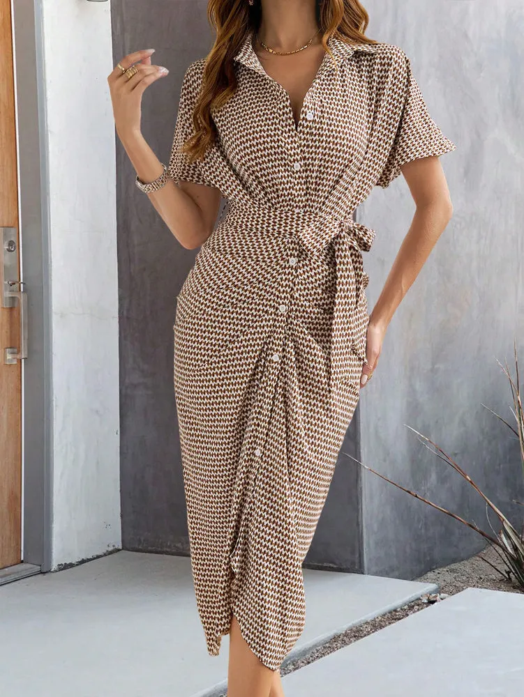 Brown Midi Shirt Dress With Front Pleats