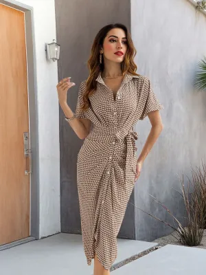 Brown Midi Shirt Dress With Front Pleats