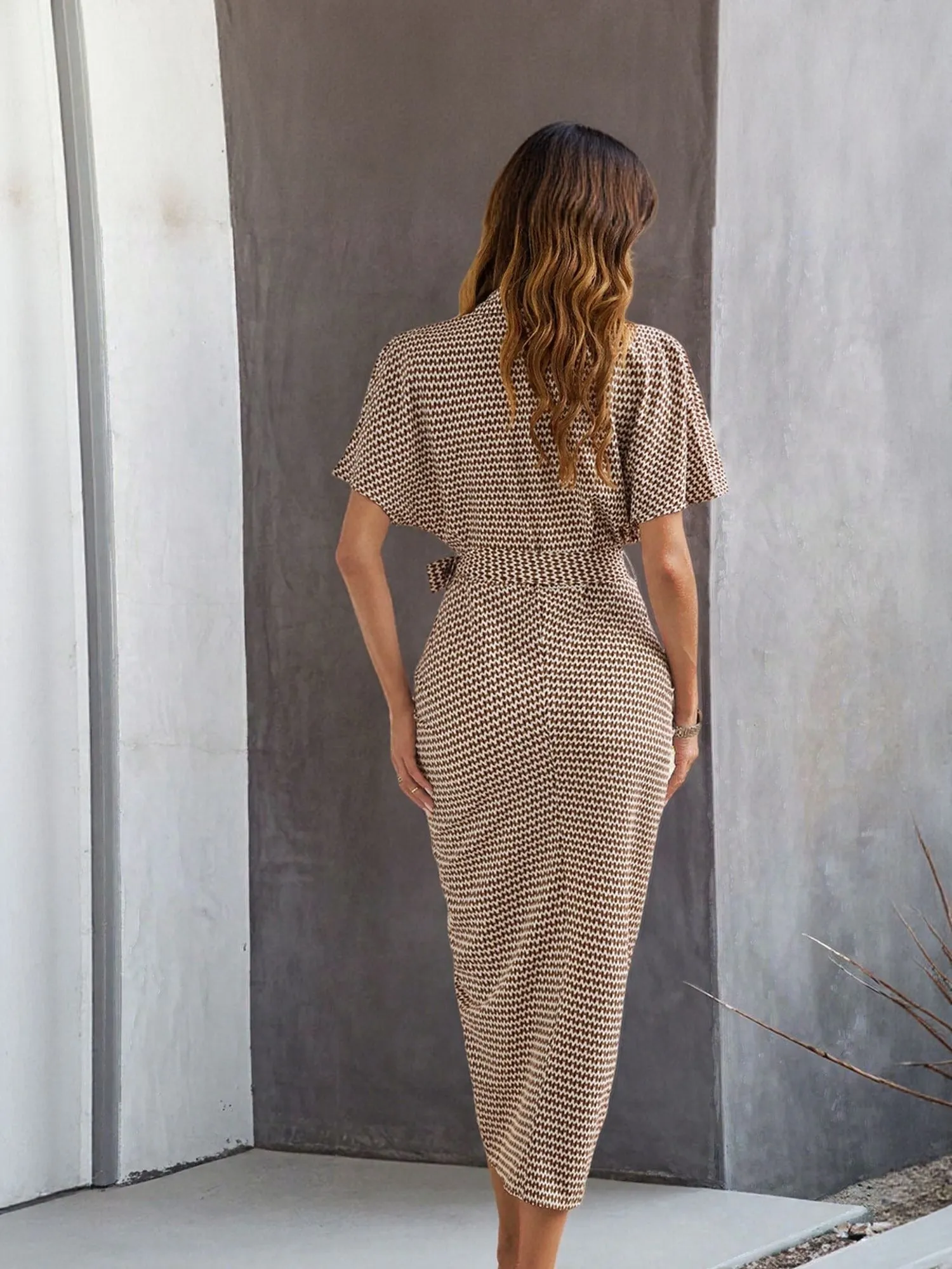 Brown Midi Shirt Dress With Front Pleats