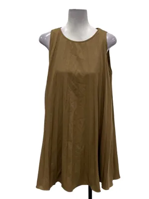 Brown Roundneck Pleated Mini Shift Dress