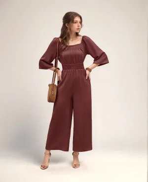 Brown Wide Leg Jumpsuit With Smocking Detail