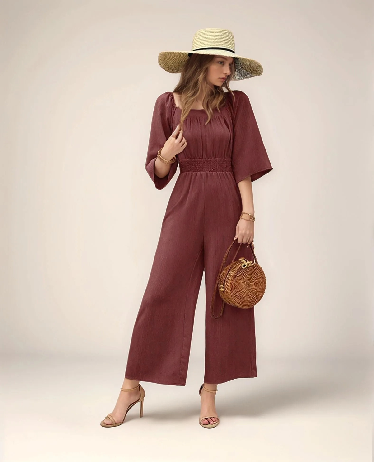 Brown Wide Leg Jumpsuit With Smocking Detail