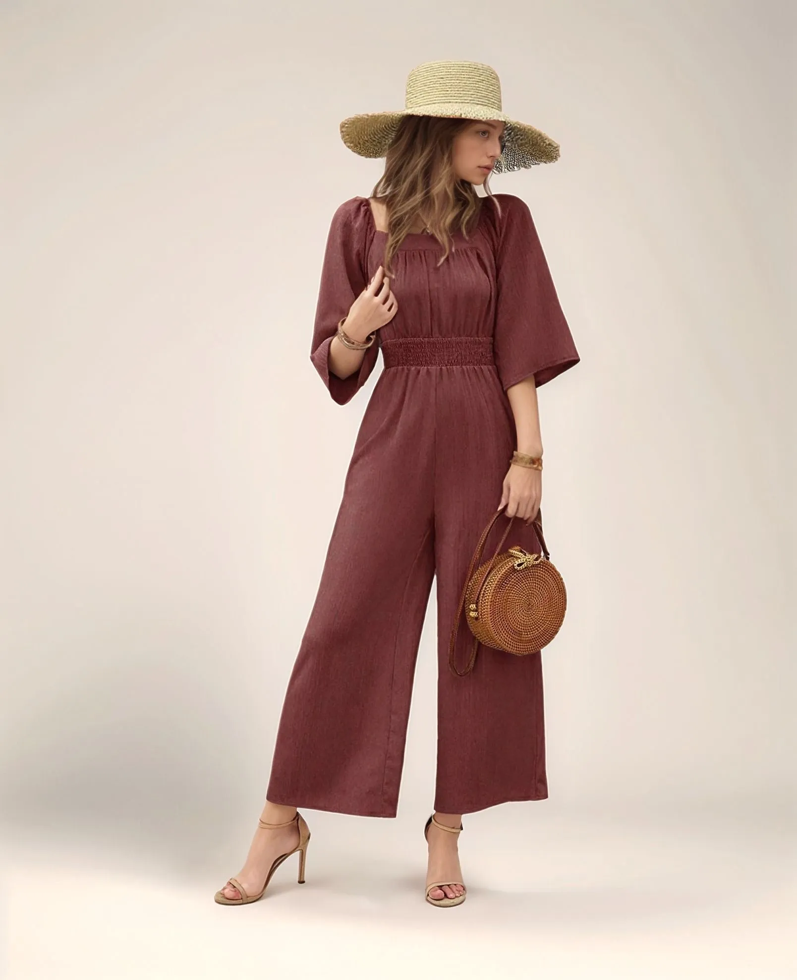 Brown Wide Leg Jumpsuit With Smocking Detail