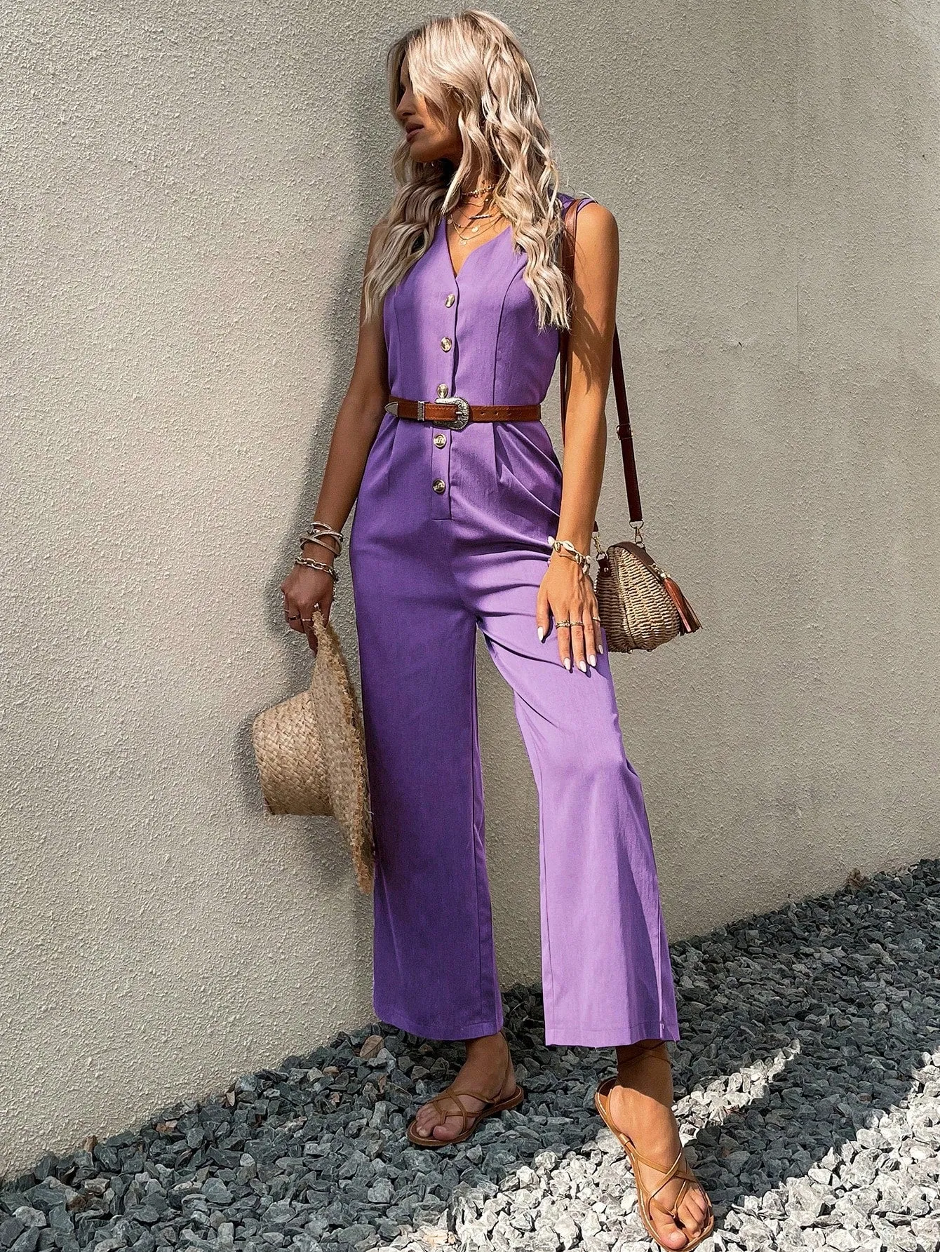 Button Front Sleeveless Jumpsuit Without Belt