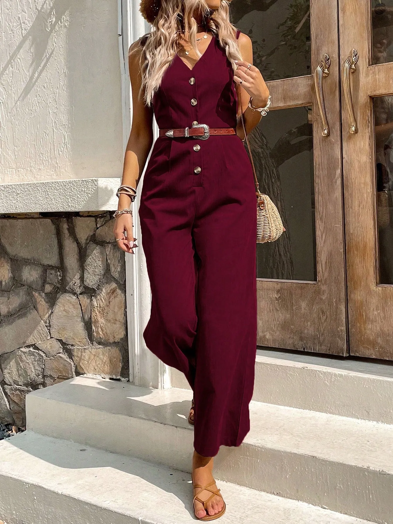 Button Front Sleeveless Jumpsuit Without Belt