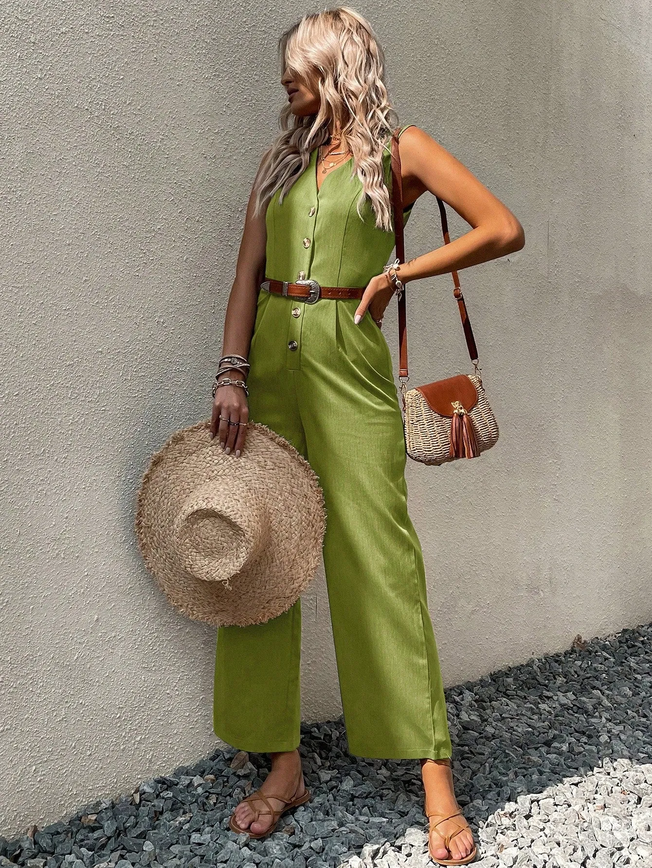 Button Front Sleeveless Jumpsuit Without Belt