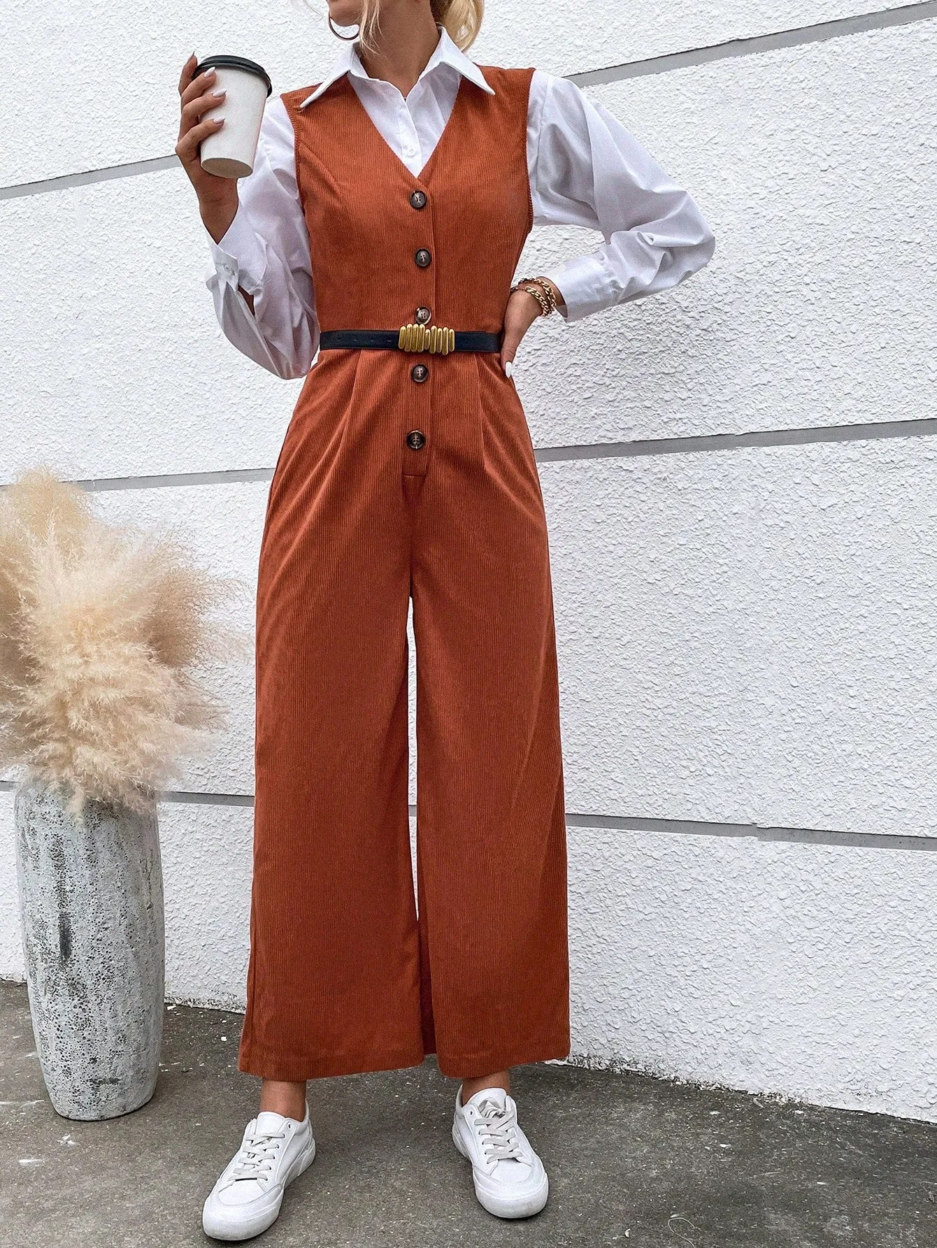 Button Front Sleeveless Jumpsuit Without Belt