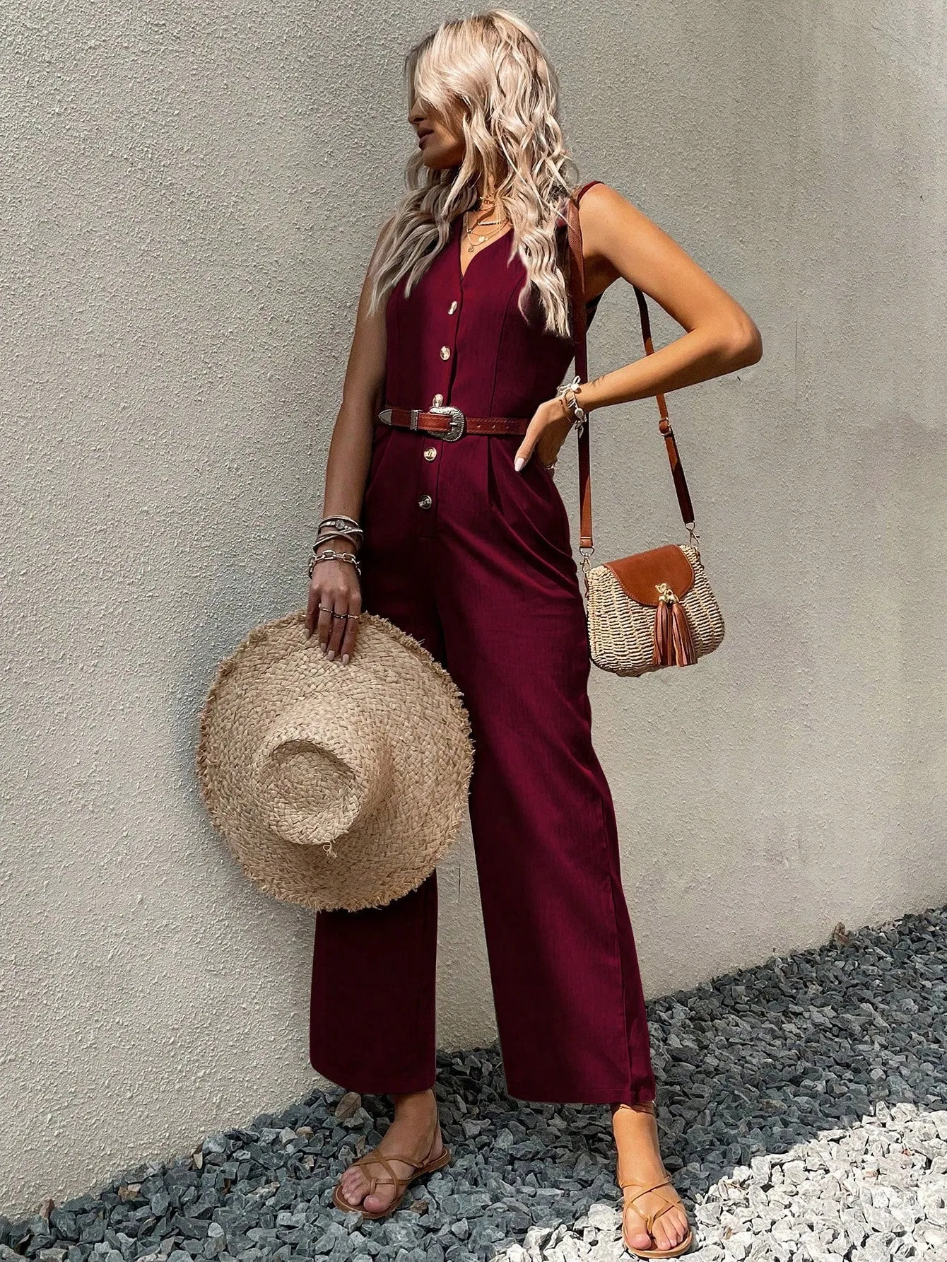Button Front Sleeveless Jumpsuit Without Belt